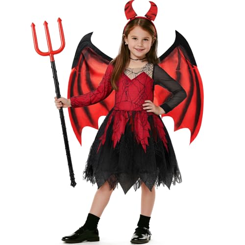 Mishopy Teufel Kostüm Kinder Halloween Kostüm Mädchen Teufelskleid Teufel Flügel Umhang mit Teufelgabel Teufelshorn Haarreif Kinderkostüm Set für Karneval Weihnachten Cosplay (130, 7-8 Jahre) von Mishopy
