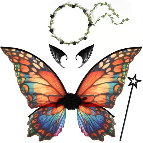 Mishopy Schmetterling Kostüm Kinder Fee Kostüm Mädchen mit Schmetterlingsflügel Kinder Zauberstab Elfenohren Blumen Haarreif Feen Flügel Halloween Kostüm Mädchen Geschenke (Bunt) von Mishopy