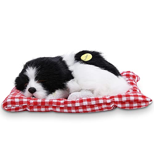 Schlafende Hunde-Plüschpuppe, 17 x 12 cm, Mini-Größe, schöne Kinder, gefüllte Simulation, Tierspielzeug, Welpen-Ornament mit Sound und Matte(Black-White) von Miskall
