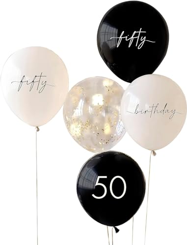 Luftballons 50. Geburtstag Konfettiballon Statement-Ballon runder 50. Geburtstag schwarz creme & gold helium-fähig Raumdeko Dekoration Accessoires Zubehör Geburtstags-Deko Frau & Mann 10 Ballons von Miss Lovely