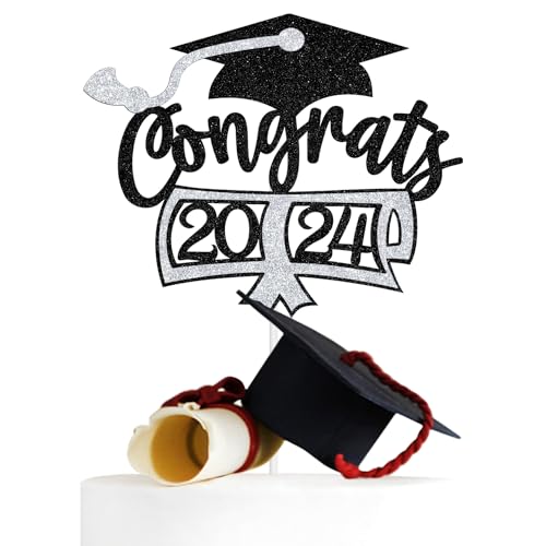 Congrats 2024 Cake Topper, Congratulations/So Proud of You Cake Decor, Class of 2024 Grad Graduation Party Decoration Supplies, Schwarz und Silber Glitzer von Miss Onederful