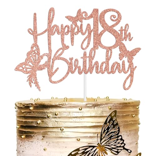 Tortenaufsatz "Happy 18th Birthday", "Time to Adult, Hello 18, Schmetterlings-Thema, 18 Jahre alt", Party-Dekorationen für Mädchen, Roségold-Glitzer von Miss Onederful
