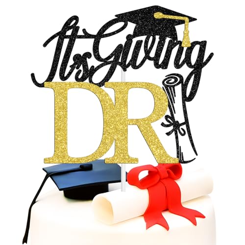 Tortenaufsatz mit Aufschrift "It's Giving DR Congrats Doctor/PHD, Doktorabschluss, Abschlussfeier, 2025, Abschlussfeier, Party-Dekoration, schwarzer Glitzer von Miss Onederful