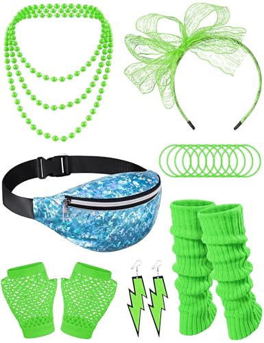 80er Jahre Kostüm Zubehör Tasche Stirnband Errings Fischnetz Handschuhe Halskette Armband Beinwärmer Party Outfit Set, Grün , Einheitsgröße von Missanabie