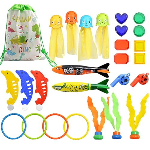 Missmisq Kinder Tauchspielzeug Set, 26 Stück Tauchen Spielzeug Unterwasser mit Aufbewahrungstasche, Bunt Schwimmendes Unterwasser Pool Trainingsspielzeug für Strand, Bad, Schwimmbad von Missmisq