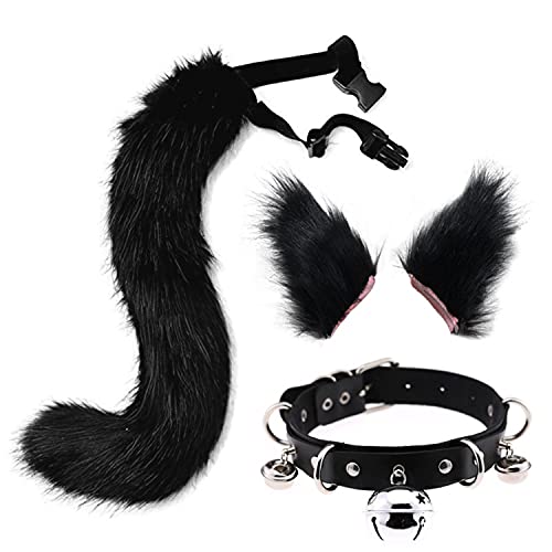 Schwanz und Ohren Set, langer Fuchsschwanz Cosplay Faux Furry Fox Wolf Tail Kit mit Ohren und Glockenkragen für Kinder, Mädchen, Jungen, Teens, Frauen, Party (Schwarz) von Miuboee