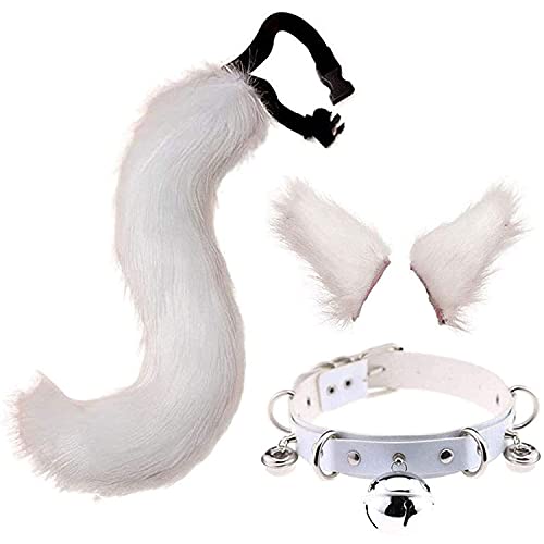 Schwanz und Ohren Set, langer Fuchsschwanz Cosplay Faux Furry Fox Wolf Tail Kit mit Ohren und Glockenkragen für Kinder, Mädchen, Jungen, Teens, Frauen, Party (Weiß) von Miuboee