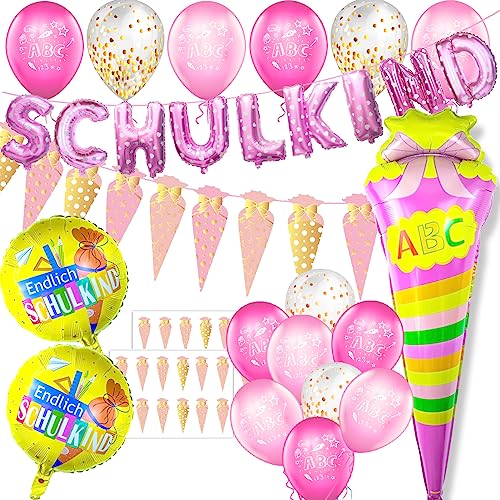 Einschulung Deko Set für Mädchen, Schuleinführung Schulanfang Luftballon Set mit ABC 123 Zuckertüte Motiv, Folienballon Schulkind Girlande, Zuckertüten Banner, Schultüte Konfetti, 3 Folienballon von Miuezuth