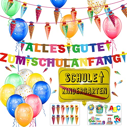 Einschulung Schuleinführung Schulanfang Deko Set, Girlande Alles Gute Zum Schulanfang + Zuckertüten Banner + 18 Luftballon mit ABC 123 Schultüte Motiv + Konfetti + Folienballon für Jungen Mädchen von Miuezuth