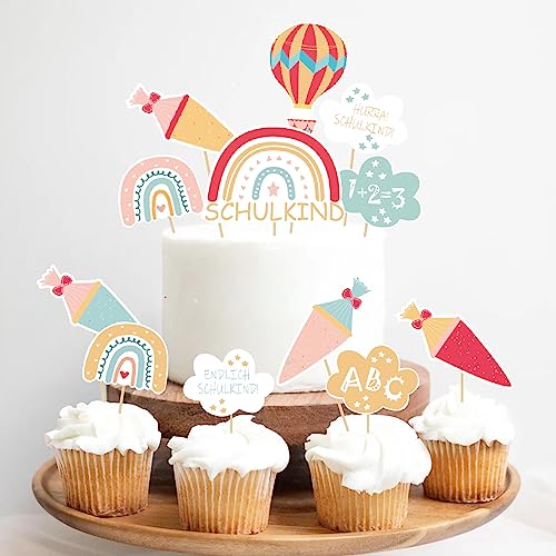 Tortendeko zur Einschulung, 12-teilig Regenbogen Schulanfang Cupcake Toppers, Schuleinführung Kuchen Fondant Muffins Zucker Dekorationen, für Junge Mädchen 1. Schultag Party Deko - Beidseitig Bedruckt von Miuezuth