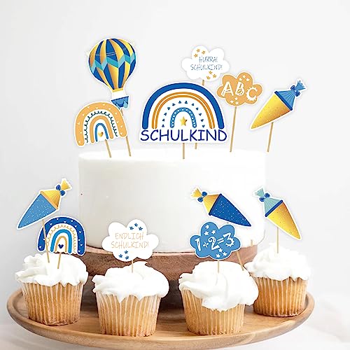 Tortendeko zur Einschulung, 12-teilig Regenbogen Schulanfang Cupcake Toppers, Schuleinführung Kuchen Fondant Muffins Zucker Dekorationen, für Junge Mädchen 1. Schultag Party Deko - Beidseitig Bedruckt von Miuezuth
