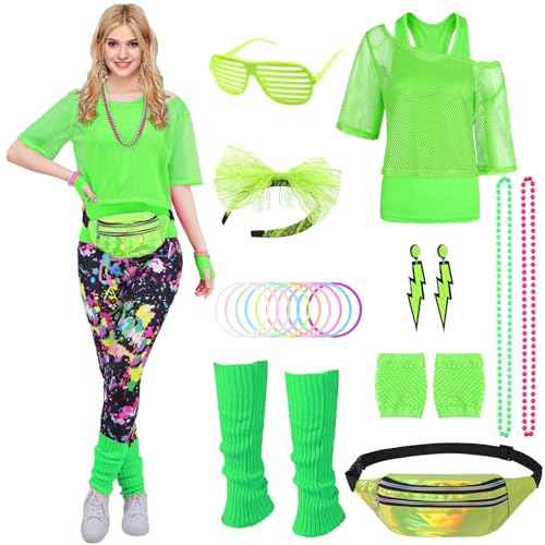 80er 90er Jahre Outfit Damen Neon 80 Jahre Outfit Party mit Netzshirt, Tank top, Bauchtasche, Beinwärmer, Stirnband, Ohrring Halskette 80er 90er Jahre Kostüm Zubehör Set für Karneval Mottoparty 030M 80er 90er Jahre Outfit Damen Neon 80 Jahre Outfit Party mit Netzshirt, Tank top, Bauchtasche, Beinwärmer, Stirnband, Ohrring Halskette 80er 90er Jahre Kostüm Zubehör Set für Karneval Mottoparty 030M von Miulruma
