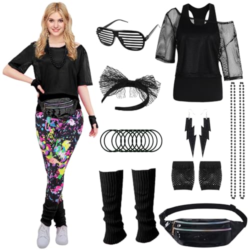 80er 90er Jahre Outfit Damen Neon 80 Jahre Outfit Party mit Netzshirt, Tank top, Bauchtasche, Beinwärmer, Stirnband, Ohrring Halskette 80er 90er Jahre Kostüm Zubehör Set für Karneval Mottoparty 031M 80er 90er Jahre Outfit Damen Neon 80 Jahre Outfit Party mit Netzshirt, Tank top, Bauchtasche, Beinwärmer, Stirnband, Ohrring Halskette 80er 90er Jahre Kostüm Zubehör Set für Karneval Mottoparty 031M von Miulruma