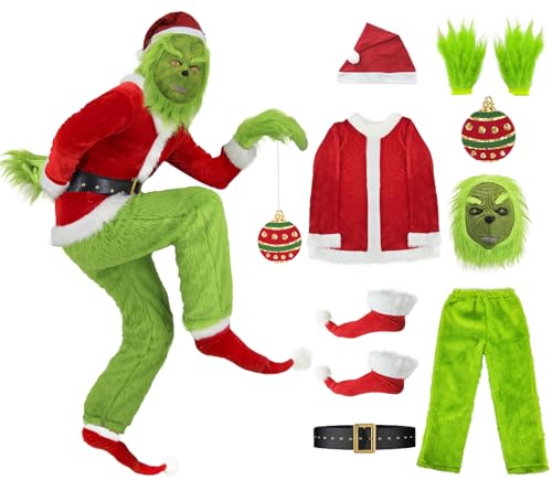 Grünes Monster Grinch Kostüm Erwachsene Herren Damen Santa Claus Anzug Outfit Weihnachtskostüm für Männer Pelziges Grünes Großes Monster für Weihnachten Halloween Fasching Urlaub Cosplay A037L von Miulruma