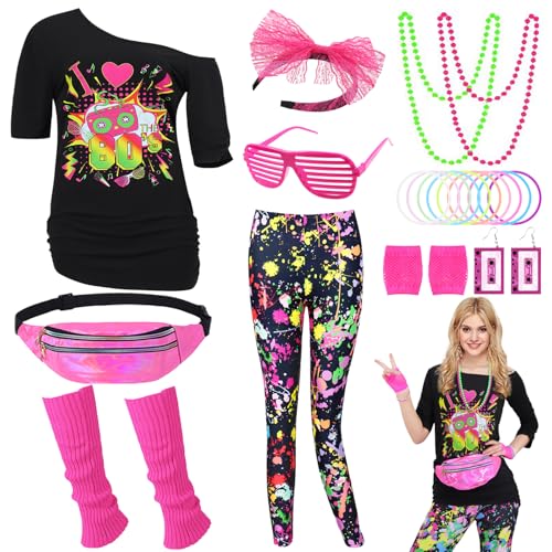 Miulruma 80er Jahre Damen Kostüm Set 80er Jahre Outfit T Shirt, 80er Artistic Leggings,Ohrring, Halskette,Bauchtasche Retro 80 Jahre Outfit Party Accessoires für Karneval Kleidung Fraun Mädchen 036S von Miulruma