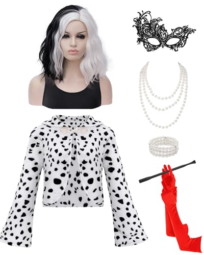 Miulruma Cruella Kostüm für Damen Deluxe Set Cruella Deville Perücke Jacke Handschuhe Cruella Holder Perlenkette für Halloween Mottoparty Karneval Kostüm für Frauen Mädchen A025L von Miulruma