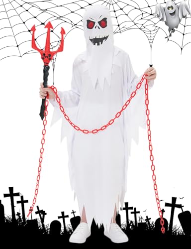 Miulruma Gespenst Kostüm Geist Robe Weiß für Kinder mit Halloween Sichel Plastikkette Ghost Robe Kostüm mit Geistergesicht Jungen Mädchen Karneval Halloween Fasching Kostüm Party A015M von Miulruma