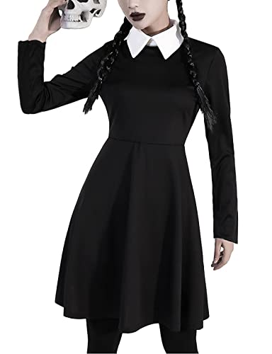 Miulruma Wednesday Kostüm Damen Kleid Addams Family Cosplay Outfit Schwarz Klassisch Kleid Ghotic Fasching Karneval Party mit Kniestrümpfe Erwachsener A006L von Miulruma
