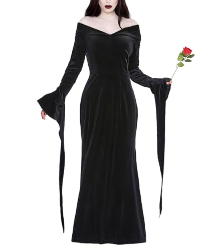 Miulruma Halloween Kostüm für Morticia Addams Damen Gothic Vintage Kleid Sexy Hexenkostüm für Addams Family Schulterfrei Cocktailkleid Knöchellänge Kleid Kostüm Abendkleider Schwarz A005XL von Miulruma