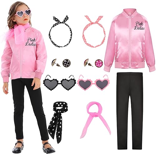 Miulruma Pink Ladies 50er Jahre Outfit Schicke Jacke Kostüm Set für Kinder Mädchen Pink Jacke aus Satin mit Schwarze Leggings Brille Ohrringe Halloween Fasching Kostüm Party A018L von Miulruma