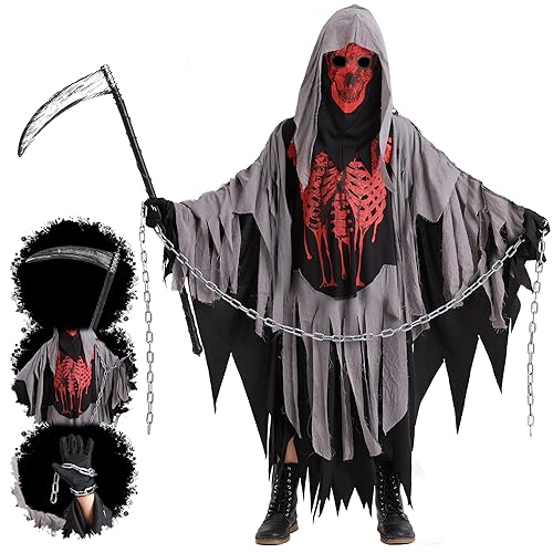 Miulruma Sensenmann Kostüm Kinder Grim Reaper Halloween Kostüme Set mit Taille Kette und Spielzeug Scythe für Jungen Mädchen Karneval Faching Mottoparty Costume Schwarz und Rot A020L von Miulruma