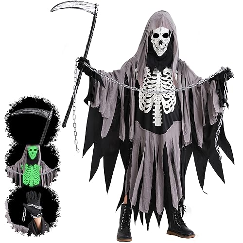 Miulruma Sensenmann Kostüm Kinder Grim Reaper Halloween Kostüme Set mit Taille Kette und Spielzeug Scythe für Jungen Mädchen Karneval Faching Mottoparty Costume Schwarz und Weiß A021L von Miulruma
