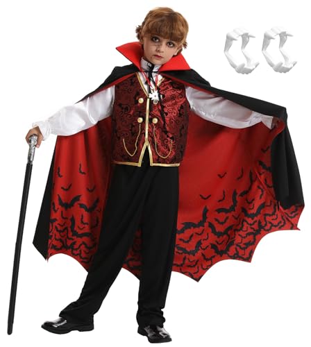 Miulruma Vampir Kostüm Kinder Jungen Halloween Kostüm Verkleidung Deluxe Set mit Umhang Schwarz Kinder-Vampirgebiss Nightglow Tattoo Karneval Mottoparty Dracula Cosplay Party A022A von Miulruma