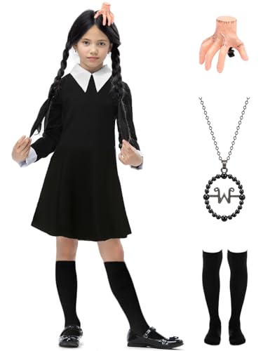 Schwarz Kleid Kostüm Halloween Kinder Mädchen Kostüm Party mit Kniestrümpfe Mittwoch Peter Pan Kragen Ghotic Fasching Karneval Cosplay A007L von Miulruma