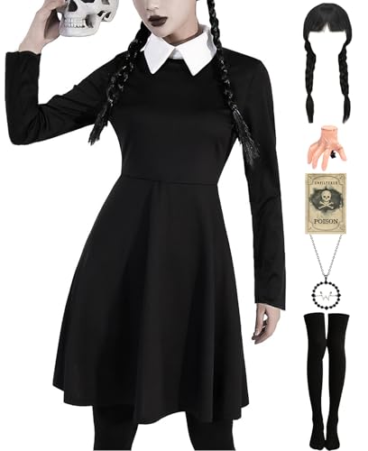 Miulruma Wednesday Addams MA036-XS Halloween-Kostüm für Damen, Erwachsenenkostüm mit Strümpfen, Familien-Cosplay, Bubikragen, ausgestelltes Skaterkleid von Miulruma