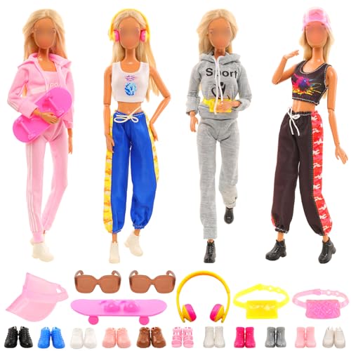 Miunana 16 Puppenkleidung 4 Kleidung 12 Zubehör Schuhe Brillen Skateboard, Puppenzubehör Outfits Kleider für 30 cm Mädchen Puppen von Miunana