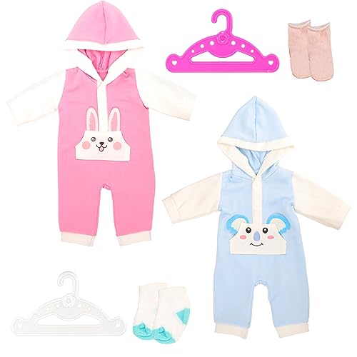 Miunana 2 Pack Kleidung Outfits Overall für Baby Puppen, Puppenkleidung 35-43 cm mit Kleiderbügel Socken (Blau & Pink) von Miunana