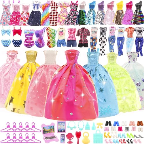 Miunana 61 Kleidung für Puppen = 10 Kleider 4 Tops Outfits 4 Hosen/Röcke 3 Abendkleider 3 Badenanzüge 37 Kleiderbügel Schuhe Zubehör für 11,5 Zoll Mädchen Puppen Puppenkleidung von Miunana