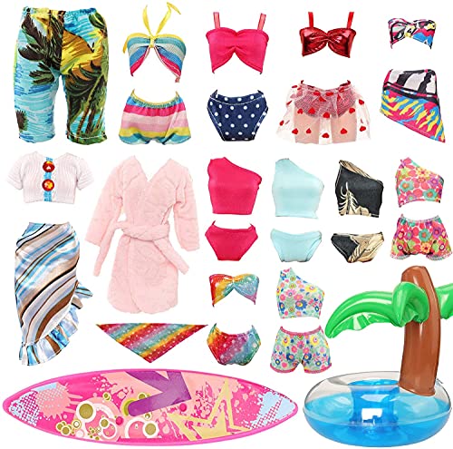 Miunana 9 Kleider Puppenzubehör für Puppen = 1 Badehose + 1 Surfbrett für Jungen Puppen + 1 Strandkleidung + 4 Badeanzug + 1 Bademantel + 1 Rettungsring für Puppen von Miunana