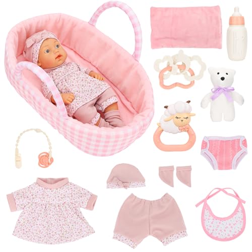 Miunana Babypuppe 30 cm Puppe in süßer Puppenkleidung Niedliches Outfit Hut Socken, ohne Haare 12 Zoll Puppen mit Puppentragetasche Schlafkorb Puppenkorb Spielzeug Zubehör für Kinder ab 3 Jahren von Miunana