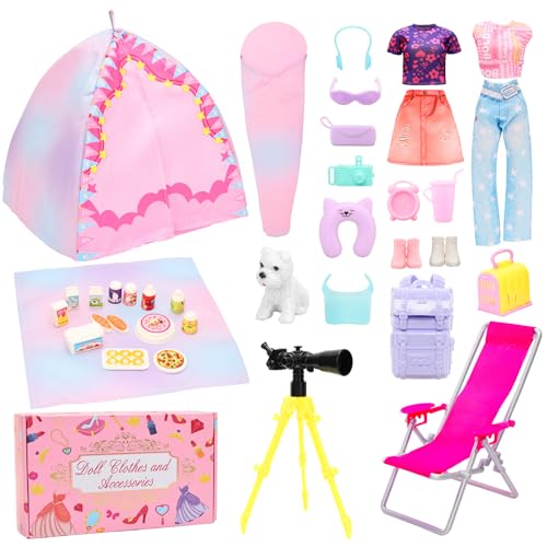 Miunana Camping Spielset mit Zelt Puppenkleidung Schlafsack Wanderrucksack Kleider Kleidung Zubehör Tiere Outdoor-Ausrüstung Fernglas für 11,5 Zoll Mädchen Puppen, Geschenk für Kinder von Miunana