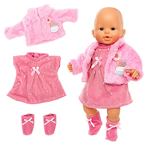 Miunana Kleidung Bekleidung Outfits für Baby Puppen, Puppenkleidung 35-43 cm, 3 teilig, Kleid Mantel Socke von Miunana