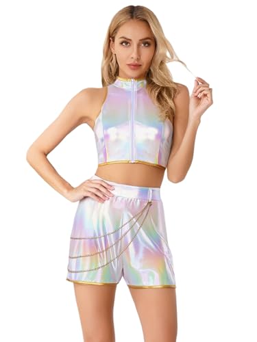 Miutii 3 Stück Damen Dämon Jäger Kostüm Sängerin Outfits Crop Tops + Shorts + Taillenkette Gürtel Halloween Karneval Fasching Tanzkostüm Schillerndes Weiß L von Miutii