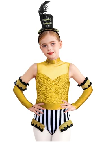 Miutii 3Pcs Mädchen Zirkus Kostüm Zirkusdirektor Uniform Glitzer Body Overall mit Handschuhe Haarreif Pailletten Tanzbody Halloween Karneval Fasching Tanzkostüm Gelb Schwarz 110-116 von Miutii