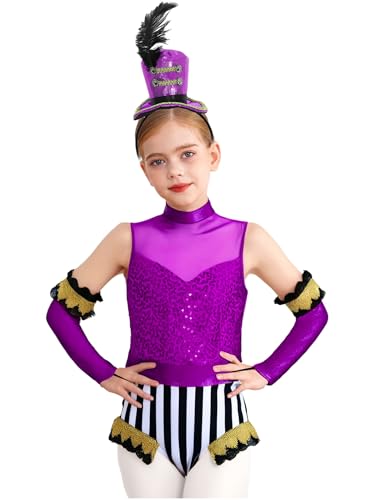 Miutii 3Pcs Mädchen Zirkus Kostüm Zirkusdirektor Uniform Glitzer Body Overall mit Handschuhe Haarreif Pailletten Tanzbody Halloween Karneval Fasching Tanzkostüm Lila 134-140 Miutii 3Pcs Mädchen Zirkus Kostüm Zirkusdirektor Uniform Glitzer Body Overall mit Handschuhe Haarreif Pailletten Tanzbody Halloween Karneval Fasching Tanzkostüm Lila 134-140 von Miutii