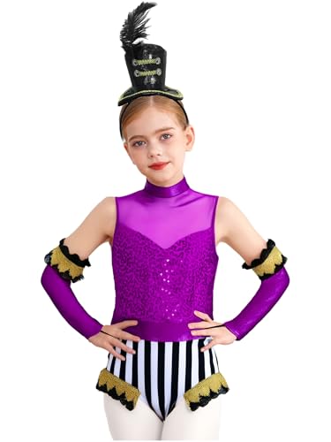 Miutii 3Pcs Mädchen Zirkus Kostüm Zirkusdirektor Uniform Glitzer Body Overall mit Handschuhe Haarreif Pailletten Tanzbody Halloween Karneval Fasching Tanzkostüm Lila Schwarz 110-116 Miutii 3Pcs Mädchen Zirkus Kostüm Zirkusdirektor Uniform Glitzer Body Overall mit Handschuhe Haarreif Pailletten Tanzbody Halloween Karneval Fasching Tanzkostüm Lila Schwarz 110-116 von Miutii