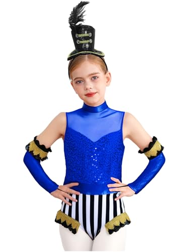 Miutii 3Pcs Mädchen Zirkus Kostüm Zirkusdirektor Uniform Glitzer Body Overall mit Handschuhe Haarreif Pailletten Tanzbody Halloween Karneval Fasching Tanzkostüm Marineblau Schwarz 158-164 von Miutii