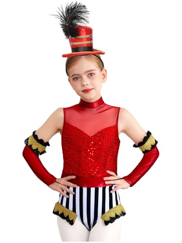 Miutii 3Pcs Mädchen Zirkus Kostüm Zirkusdirektor Uniform Glitzer Body Overall mit Handschuhe Haarreif Pailletten Tanzbody Halloween Karneval Fasching Tanzkostüm Rot 134-140 Miutii 3Pcs Mädchen Zirkus Kostüm Zirkusdirektor Uniform Glitzer Body Overall mit Handschuhe Haarreif Pailletten Tanzbody Halloween Karneval Fasching Tanzkostüm Rot 134-140 von Miutii