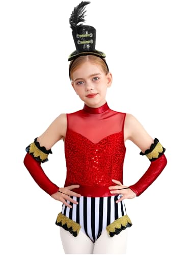 Miutii 3Pcs Mädchen Zirkus Kostüm Zirkusdirektor Uniform Glitzer Body Overall mit Handschuhe Haarreif Pailletten Tanzbody Halloween Karneval Fasching Tanzkostüm Rot Schwarz 158-164 Miutii 3Pcs Mädchen Zirkus Kostüm Zirkusdirektor Uniform Glitzer Body Overall mit Handschuhe Haarreif Pailletten Tanzbody Halloween Karneval Fasching Tanzkostüm Rot Schwarz 158-164 von Miutii