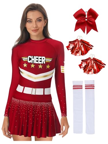Miutii 4tlg.Damen Cheer Leader Kostüm Langarm Tanzkleid Cheerleading Kleid mit Pompoms Socken Haarband Halloween Karneval Faschingskostüm Weinrot M von Miutii