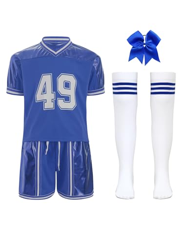 Miutii 4tlg.Mädchen Cheer Leader Kostüm Glänzend Kurzarm T-Shirt mit Shorts Socken Cheerleading Uniform Karneval Fasching Party Tanzkostüm Blau 170-176 von Miutii