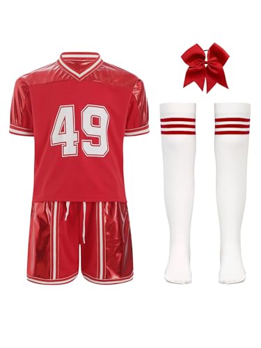 Miutii 4tlg.Mädchen Cheer Leader Kostüm Glänzend Kurzarm T-Shirt mit Shorts Socken Cheerleading Uniform Karneval Fasching Party Tanzkostüm Rot 158-164 von Miutii