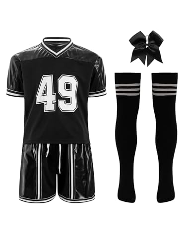 Miutii 4tlg.Mädchen Cheer Leader Kostüm Glänzend Kurzarm T-Shirt mit Shorts Socken Cheerleading Uniform Karneval Fasching Party Tanzkostüm Schwarz 146-152 von Miutii
