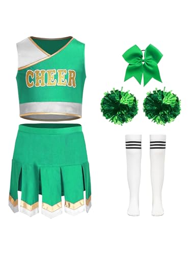 Miutii 5tlg.Mädchen Cheer Leader Kostüm Ärmellos Crop Tops mit Rock Pompoms Socken Cheerleading Kleid Halloween Karneval Fasching Grün 122-128 Miutii 5tlg.Mädchen Cheer Leader Kostüm Ärmellos Crop Tops mit Rock Pompoms Socken Cheerleading Kleid Halloween Karneval Fasching Grün 122-128 von Miutii