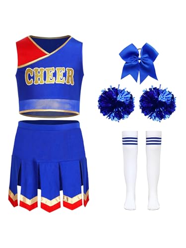 Miutii 5tlg.Mädchen Cheer Leader Kostüm Ärmellos Crop Tops mit Rock Pompoms Socken Cheerleading Kleid Halloween Karneval Fasching Royal Blau 146-152 von Miutii