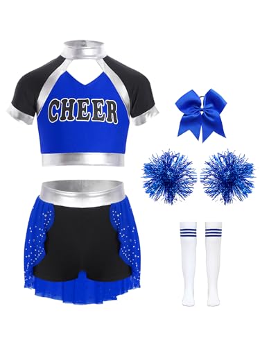 Miutii 5tlg.Mädchen Cheer Leader Kostüm Cheerleading Kleid Kurzarm Crop Tops mit Rock Pompoms Socken Karneval Fasching Party Tanzkleid Blau 170-176 von Miutii